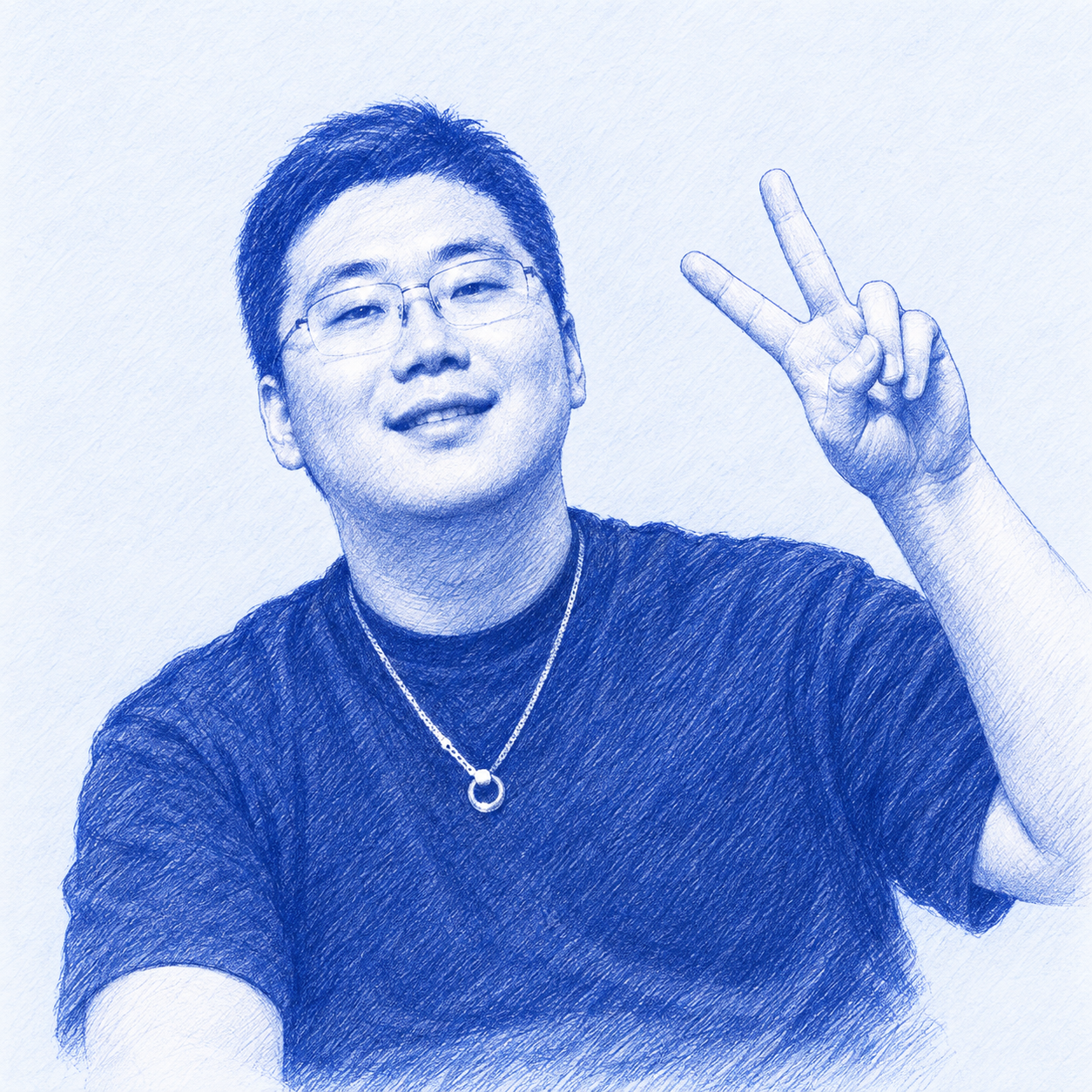Teal-tinted pencil-sketch portrait of Dai Yuchen making a peace sign